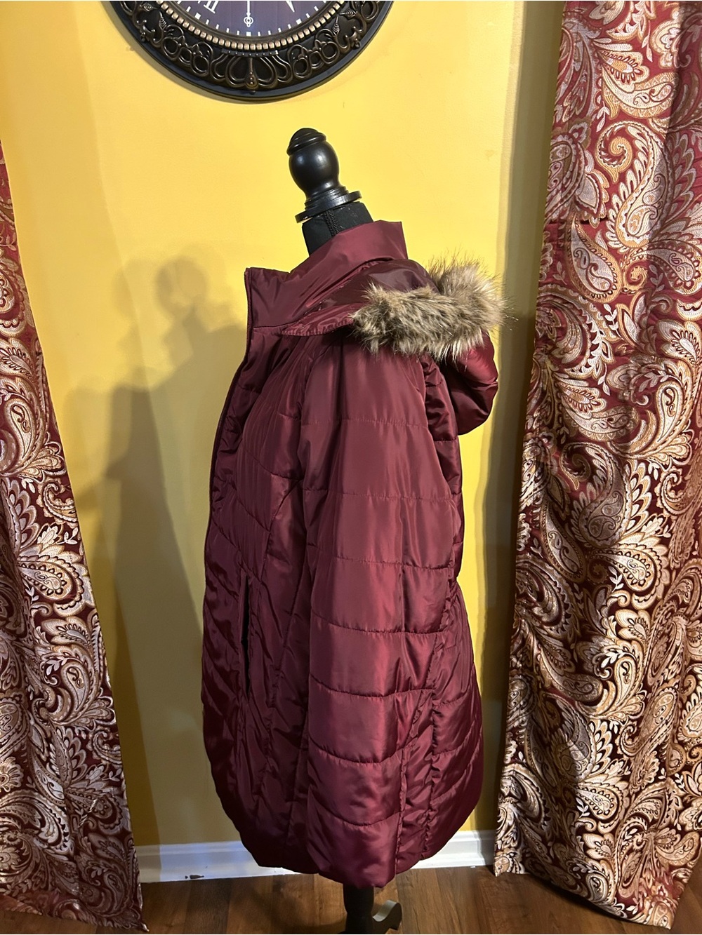 St. John’s Bay Quilted Wine-Red Puffer Coat with Faux-Fur Hood - Picture 2 of 5